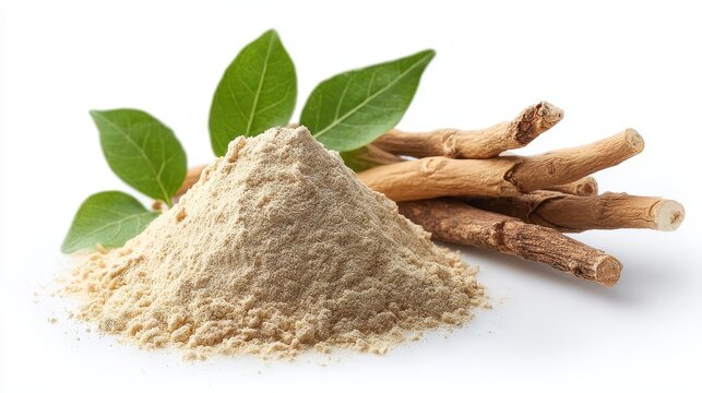 Ashwagandha root powder with whole Withania somnifera roots and green leaves on a white background.