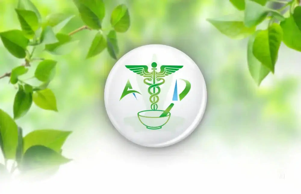 Ayurvedic doctor icon with caduceus and mortar and pestle on green leaf background
