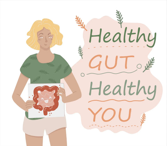  Healthy gut illustration with woman holding intestine diagram against pink backdrop