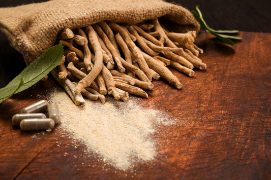 Ashwagandha root powder and capsules on wooden surface with dried Withania somnifera roots in burlap sack.
