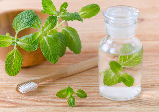 Natural mint mouthwash in a glass apothecary bottle with fresh mint leaves and bamboo toothbrush on wood.