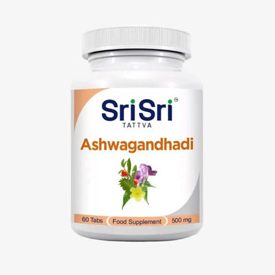 Sri Sri Tattva Ashwagandhadi 500mg food supplement bottle, 60 tabs