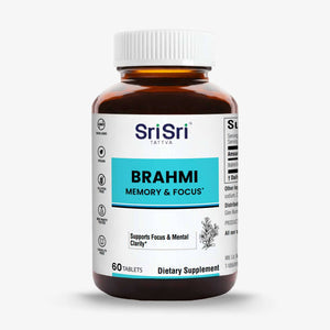 Sri Sri Tattva Brahmi Memory & Focus dietary supplement bottle, 60 tablets
