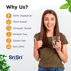 Sri Sri Tattva 'Why Us' infographic: vegetarian, plant-based, clinically tested, paraben free, gluten free, non-GMO supplements