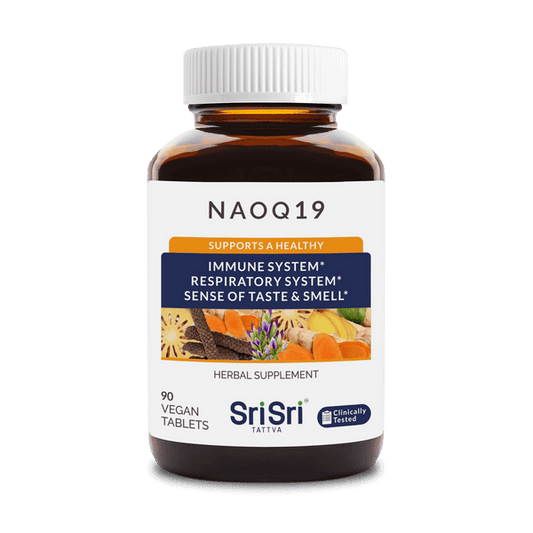 Ayurvedic immunity booster NAOQ19 bottle by Sri Sri Tattva, 90 vegan tablets for immune and respiratory support.