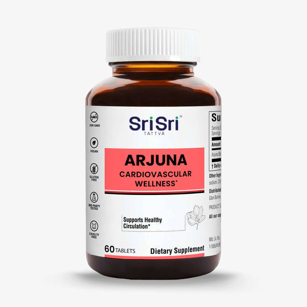 Arjuna supplement bottle by Sri Sri Tattva, 60 tablets labelled cardiovascular wellness and healthy circulation.