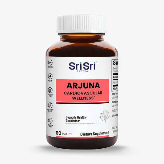 Arjuna supplement bottle by Sri Sri Tattva, 60 tablets labelled cardiovascular wellness and healthy circulation.