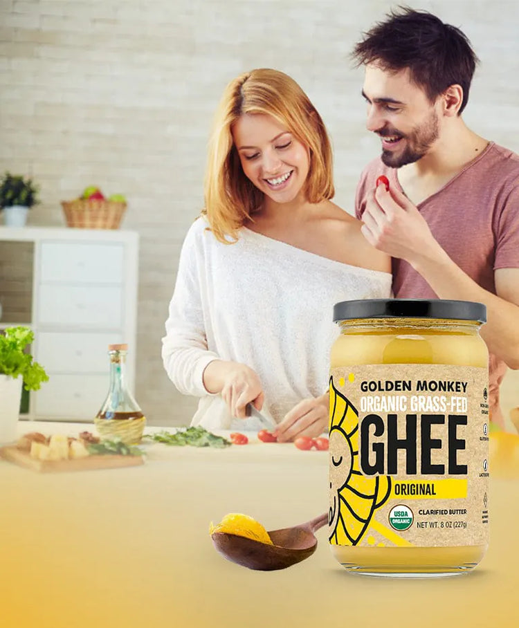 Organic Ghee butter jar by Sri Sri Tattva on a kitchen counter