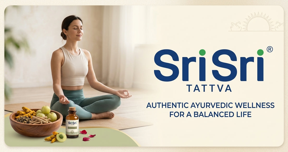 Mujer meditando junto a productos ayurvédicos de Sri Sri Tattva