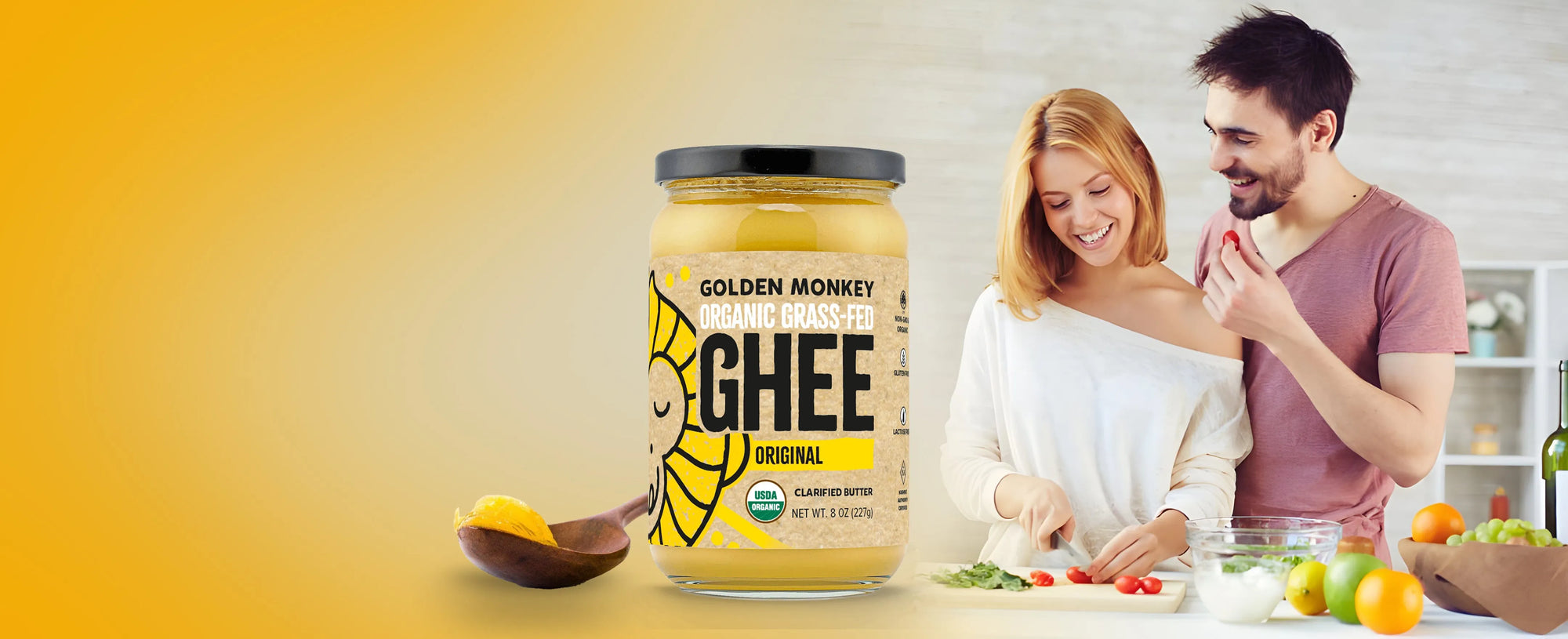 Organic Ghee butter jar by Sri Sri Tattva on a kitchen counter