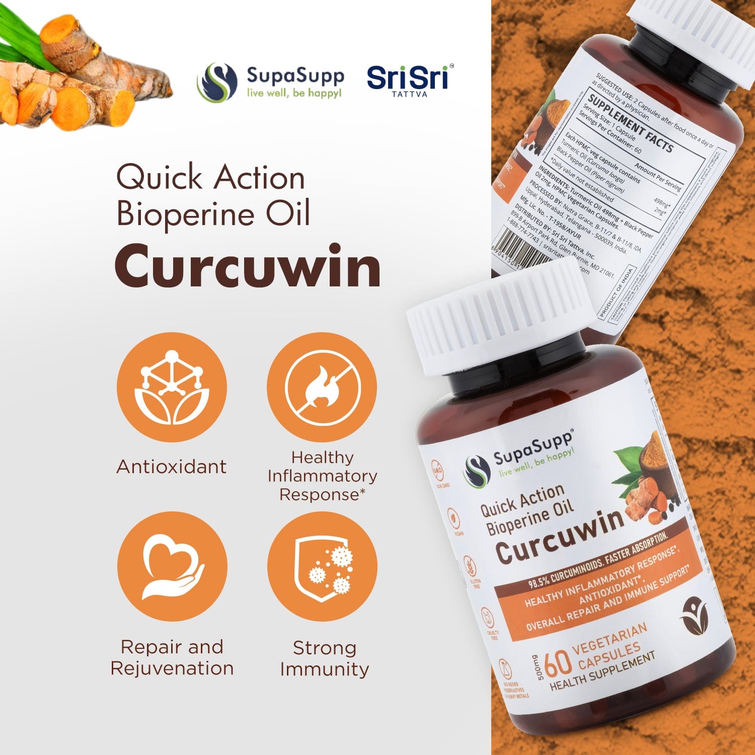 Sri Sri Tattva Herbs Curcuwin Bioperine Oil Capsules